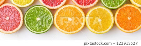 Brightly colored citrus fruit slices arranged beautifully on a light background. 122915527