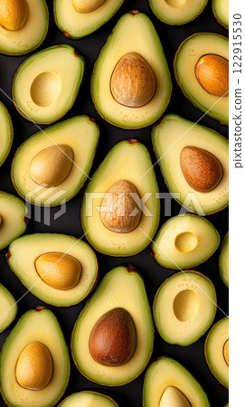 Fresh and ripe avocados arranged beautifully on a dark background. 122915530