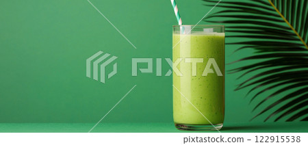 Fresh green smoothie in a glass, served with a straw, on a vibrant green background. 122915538