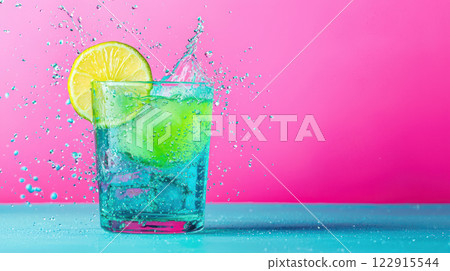 Refreshing cocktail splashing with lime and bubbles against a vibrant pink backdrop. 122915544