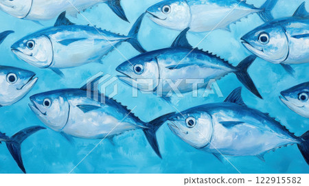 A vibrant school of fish swimming in clear blue water. 122915582