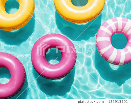 Colorful pool floats in sunny water for summer relaxation. 122915591
