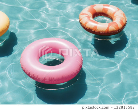 Colorful pool floats relaxing in a refreshing summer pool. 122915592