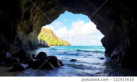 Sea grotto overlooking the ocean, sea from the depths of the stone cave. A stone archway overlooking a tropical paradise. 122915618