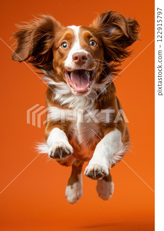 Welsh Springer Spaniel dog Jumping and playing, studio lighting, isolated on pastel background, stock photographic style 122915797