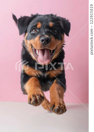Rottweiler dog Jumping and playing, studio lighting, isolated on pastel background, stock photographic style 122915819