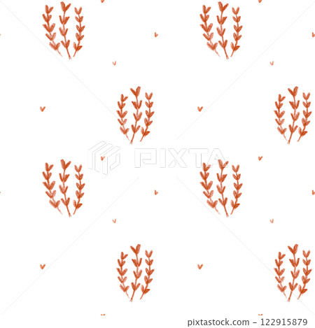 Leaves and branches hand drawn with pencil seamless pattern. White crayon leaves, twigs and hearts. Red orange sepia pattern with foliage. Abstract cute plant motif Leaves and branches hand drawn with pencil seamless pattern. White crayon leaves, twigs and hearts. Red orange sepia pattern with foliage. Abstract cute plant motif 122915879
