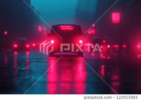 Mysterious night scene featuring a car illuminated by red lights on a wet street, creating a captivating urban atmosphere. Mysterious night scene featuring a car illuminated by red lights on a wet street, creating a captivating urban atmosphere. 122915893