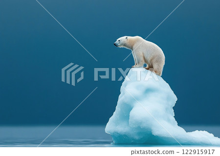 A solitary polar bear perched on an iceberg against a serene blue background, showcasing the beauty of Arctic wildlife. 122915917