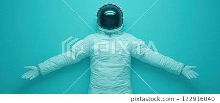 An astronaut in a spacesuit stands with arms outstretched against a blue background. 122916040