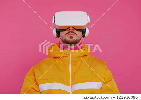 Young man wearing VR headset against a vibrant pink background, exploring virtual reality. Young man wearing VR headset against a vibrant pink background, exploring virtual reality. 122916086