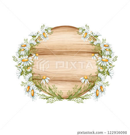 Wooden signboard with daisy flowers. Signs with place for messages. 122916098