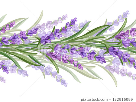 Lavender flowers. Hand drawn floral seamless border illustration 122916099
