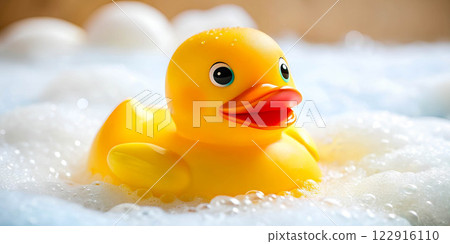 A bright yellow toy rubber duck swims in soapy white foam in a bathtub with room for text. 122916110