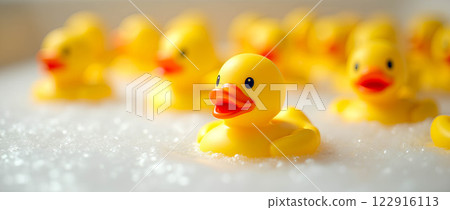Photograph of a group of bright yellow toy rubber duckies swimming in soapy white bubble foam in a bathtub with room for text. 122916113