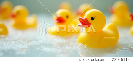 Photograph of a group of bright yellow toy rubber duckies swimming in soapy white bubble foam in a bathtub with room for text. 122916114