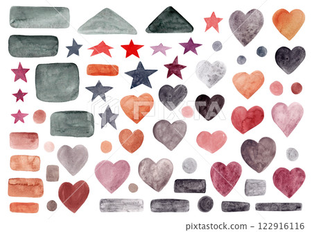 Abstract isolated shapes. Multicolor watercolor. Colorful elements: shapes, lines, dots, hearts, stars, brush strokes. Big set. Hand drawn. Great design for any purpose 122916116