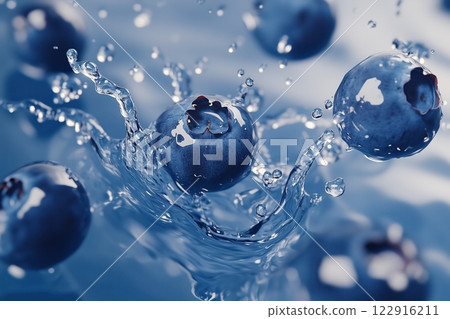 Fresh blueberries falling in water on light background. Fruits splashing into crystal clear water 122916211