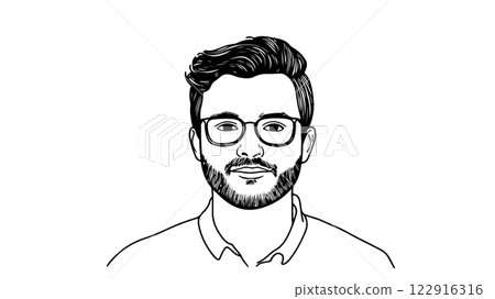 Man portrait illustration. Beard, glasses, hairstyle visible. Character design branding. Black and white line art drawing 122916316