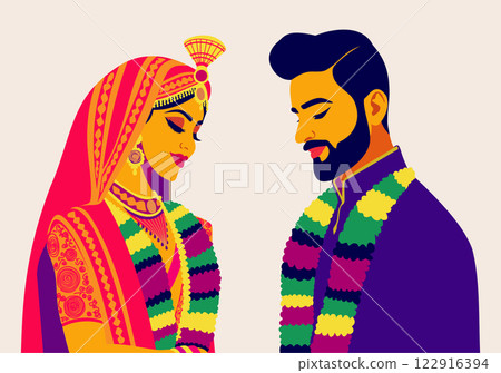 Indian wedding. Groom and bride in wreaths of flowers on necks. Vector isolated illustration Indian wedding. Groom and bride in wreaths of flowers on necks. Vector isolated illustration 122916394