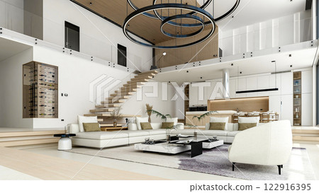 Luxury Modern Loft Interior with Open Space Living Room and Kitchen, 3D Rendering Luxury Modern Loft Interior with Open Space Living Room and Kitchen, 3D Rendering 122916395