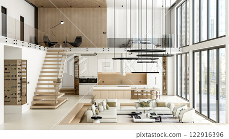 Luxury Modern Loft Interior with Open Space Living Room and Kitchen, 3D Rendering Luxury Modern Loft Interior with Open Space Living Room and Kitchen, 3D Rendering 122916396