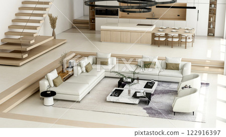 Luxury Modern Loft Interior with Open Space Living Room and Kitchen, 3D Rendering Luxury Modern Loft Interior with Open Space Living Room and Kitchen, 3D Rendering 122916397