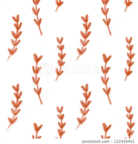 Leaves and branches hand drawn with pencil seamless pattern.Red crayon leaves, twigs. Pattern with foliage on white. Abstract cute plant motif 122916401