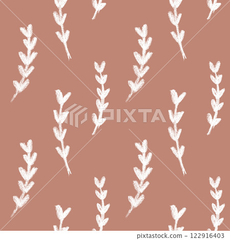Leaves and branches hand drawn with pencil seamless pattern. White crayon leaves, twigs. Pattern with foliage on mocha mousse brown. Abstract cute plant motif 122916403