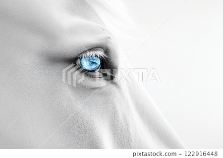 Close-up photo of beautiful white horse with blue eyes and a lush mane against a sunset background. 122916448