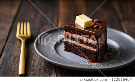 A piece of chocolate cake made from three types of chocolate, dark chocolate, milk chocolate and white chocolate lies on a gray plate A piece of chocolate cake made from three types of chocolate, dark chocolate, milk chocolate and white chocolate lies on a gray plate 122916464