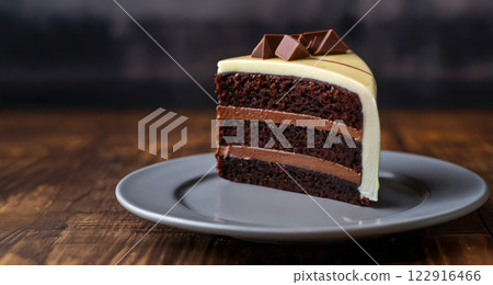 A piece of chocolate cake made from three types of chocolate, dark chocolate, milk chocolate and white chocolate lies on a gray plate A piece of chocolate cake made from three types of chocolate, dark chocolate, milk chocolate and white chocolate lies on a gray plate 122916466