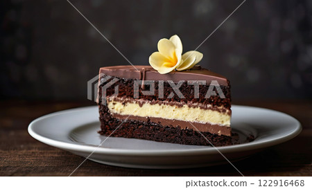 A piece of chocolate cake made from three types of chocolate, dark chocolate, milk chocolate and white chocolate lies on a gray plate 122916468