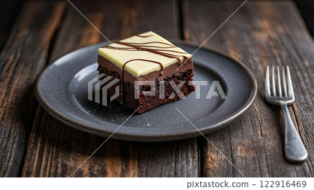 A piece of chocolate cake made from three types of chocolate, dark chocolate, milk chocolate and white chocolate lies on a gray plate 122916469