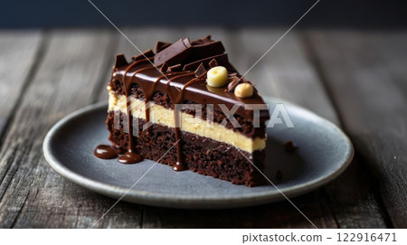 A piece of chocolate cake made from three types of chocolate, dark chocolate, milk chocolate and white chocolate lies on a gray plate A piece of chocolate cake made from three types of chocolate, dark chocolate, milk chocolate and white chocolate lies on a gray plate 122916471