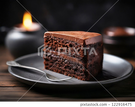 A piece of dark chocolate cake lies on a gray plate 122916475