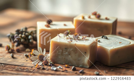 Pieces of handmade soap lie on a wooden background. The soap contains dried flowers such as chamomile, lavender 122916483
