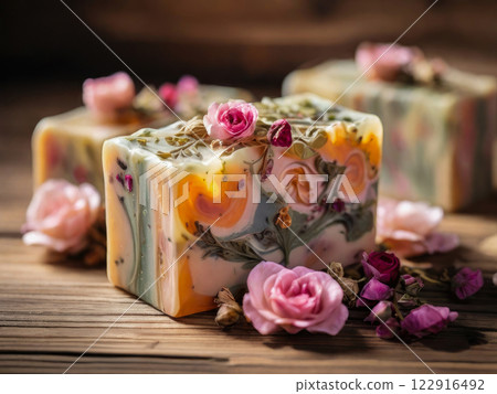 Pieces of handmade soap lie on a wooden background. The soap contains dried flowers such as chamomile, lavender Pieces of handmade soap lie on a wooden background. The soap contains dried flowers such as chamomile, lavender 122916492
