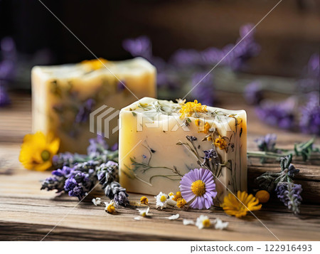 Pieces of handmade soap lie on a wooden background. The soap contains dried flowers such as chamomile, lavender Pieces of handmade soap lie on a wooden background. The soap contains dried flowers such as chamomile, lavender 122916493