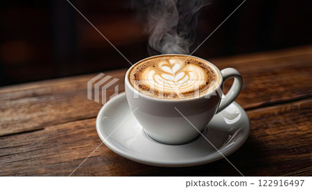 White cup of cappuccino with foam. a cup stands on a dark wooden table 122916497