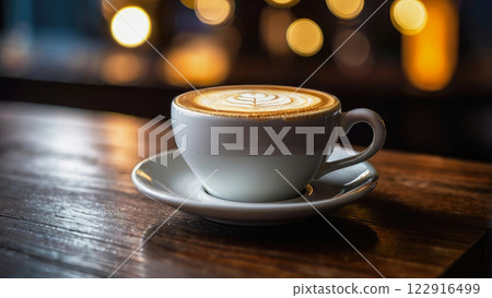 White cup of cappuccino with foam. a cup stands on a dark wooden table White cup of cappuccino with foam. a cup stands on a dark wooden table 122916499