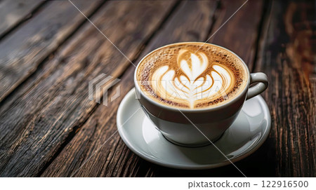 White cup of cappuccino with foam. a cup stands on a dark wooden table 122916500