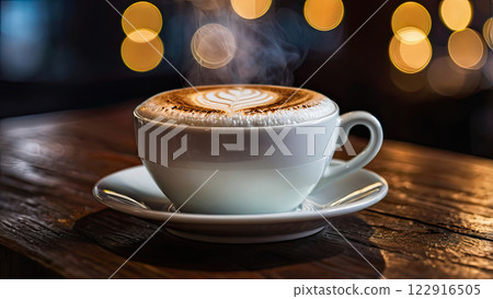 White cup of cappuccino with foam. a cup stands on a dark wooden table 122916505