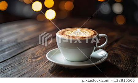 White cup of cappuccino with foam. a cup stands on a dark wooden table 122916506