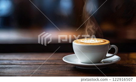 White cup of cappuccino with foam. a cup stands on a dark wooden table 122916507