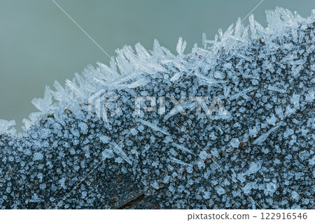 Frost Ice Crystals Formed on Winter Leaves in Nature. Abstract nature 122916546