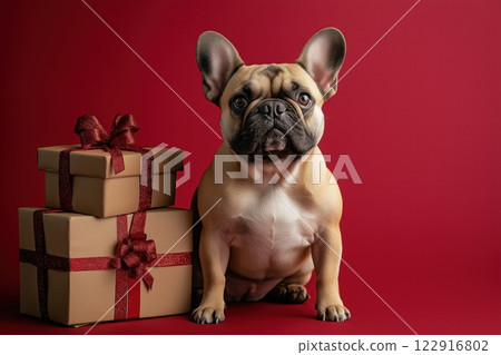 French Bulldog sitting next to gift boxes 122916802