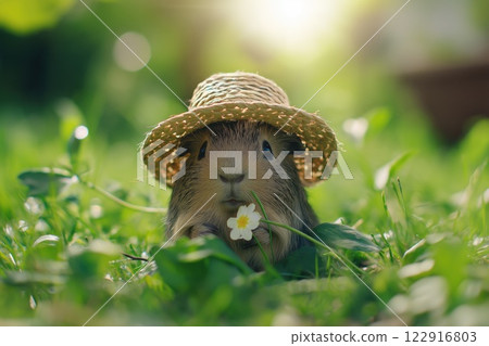Adorable guinea pig wearing a straw hat 122916803