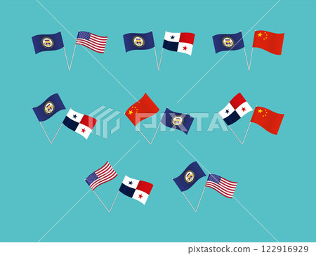 A set of flags of the USA, Panama, China and the Panama Canal Zone in different variations 122916929
