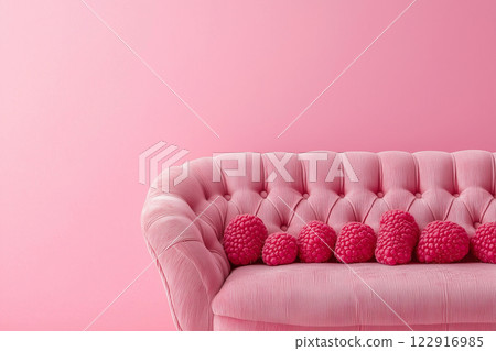 pink vintage sofa with pink pillows in shape of raspberry on the background of a pink wall 122916985